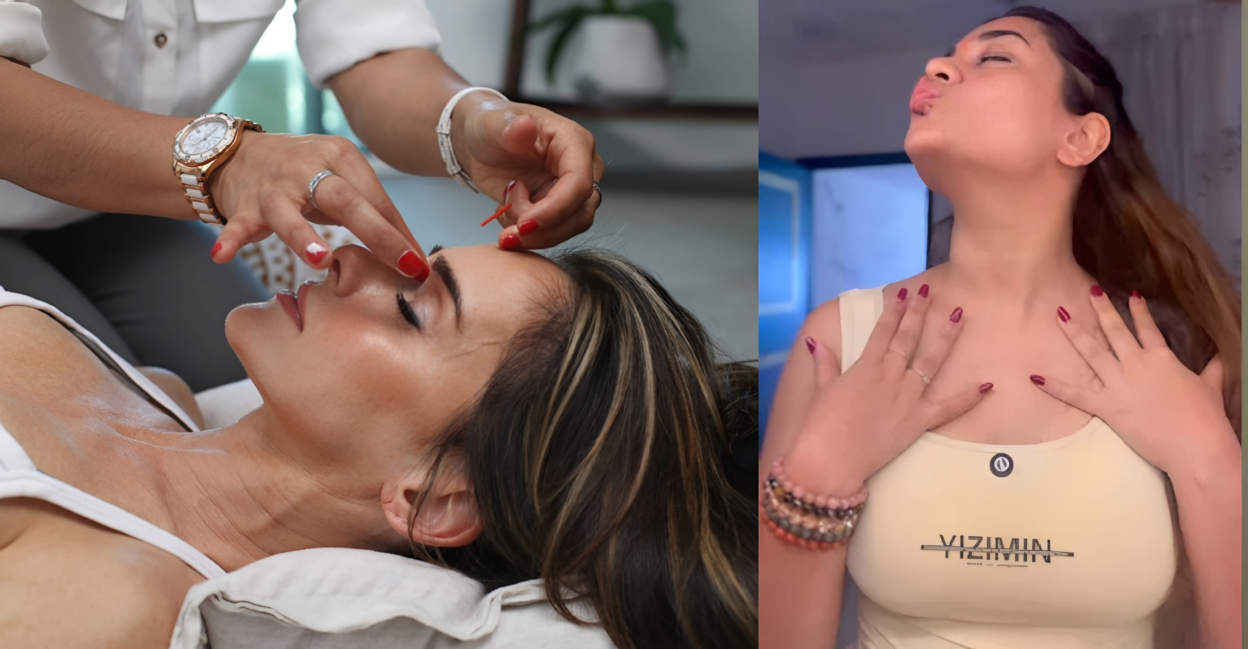 Woman performing face yoga skincare routine